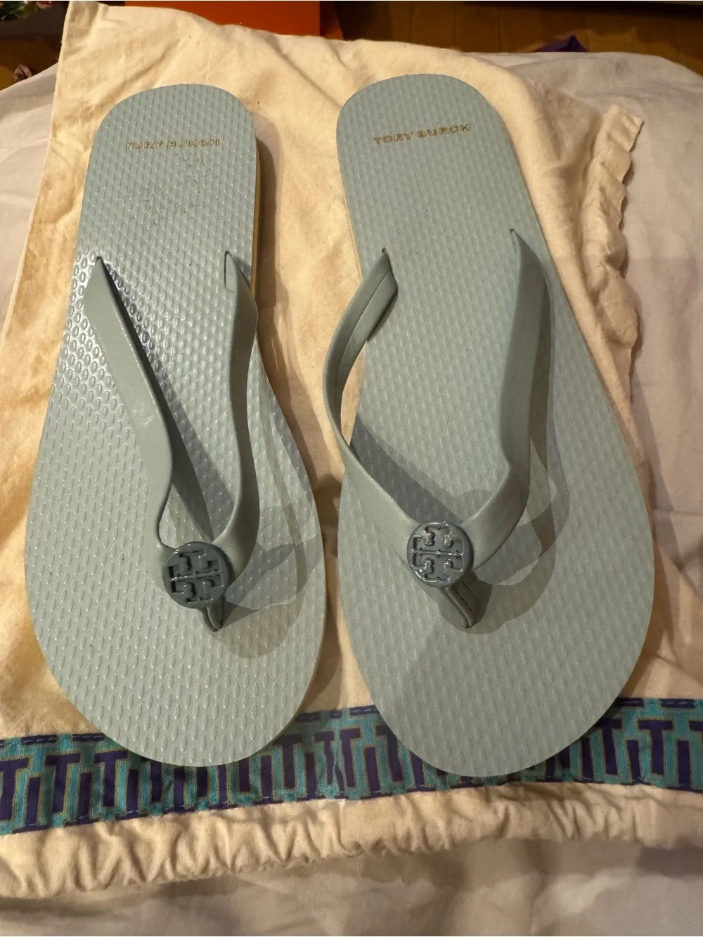 Tory Burch Pale Blue Logo Jelly Flip Flops